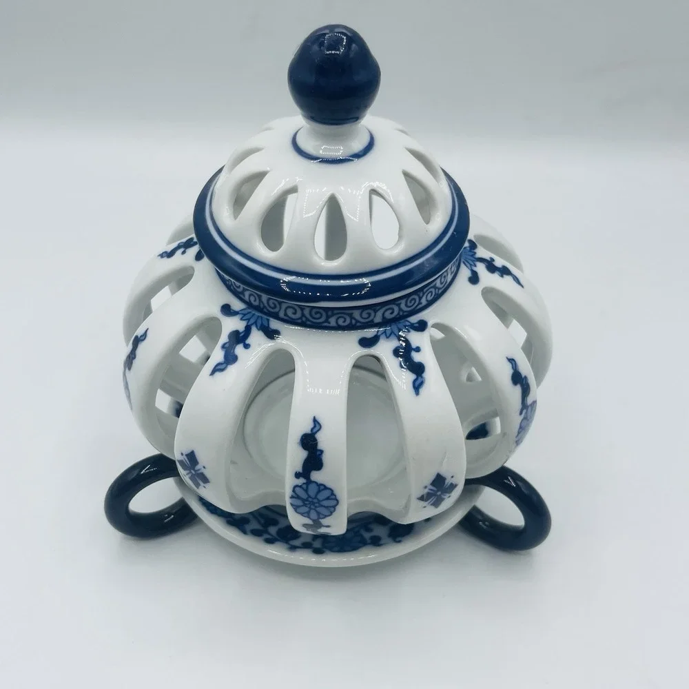 Vintage Bombay Hand painted Porcelain Votive Candle Holder Reticulated Pierced